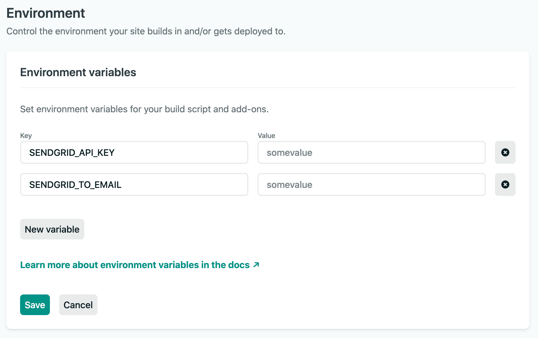 Form for setting environment variables in Netlify